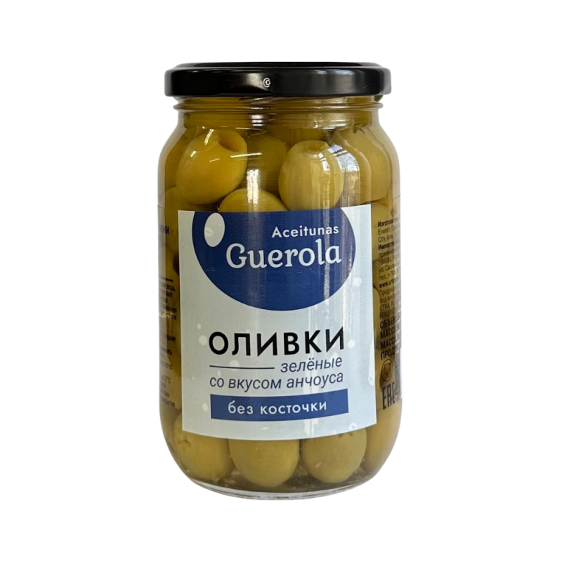 Оливки зеленые без косточки со вкусом анчоуса, 340 г